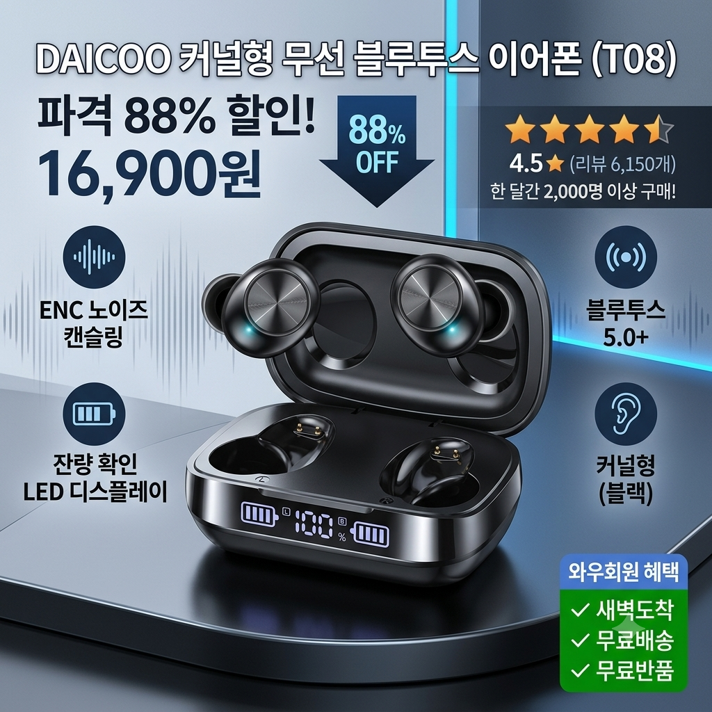 DAICOO 커널형 무선 블루투스 이어폰 ENC 노이즈 캔슬링 T08 제품 이미지