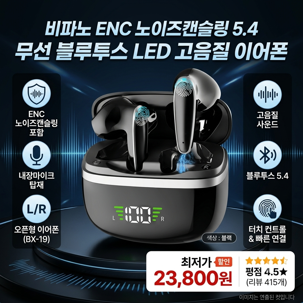 비파노 ENC 노이즈캔슬링 5.4 무선 블루투스 이어폰 LED 고음질 오픈형 이어폰 제품 이미지
